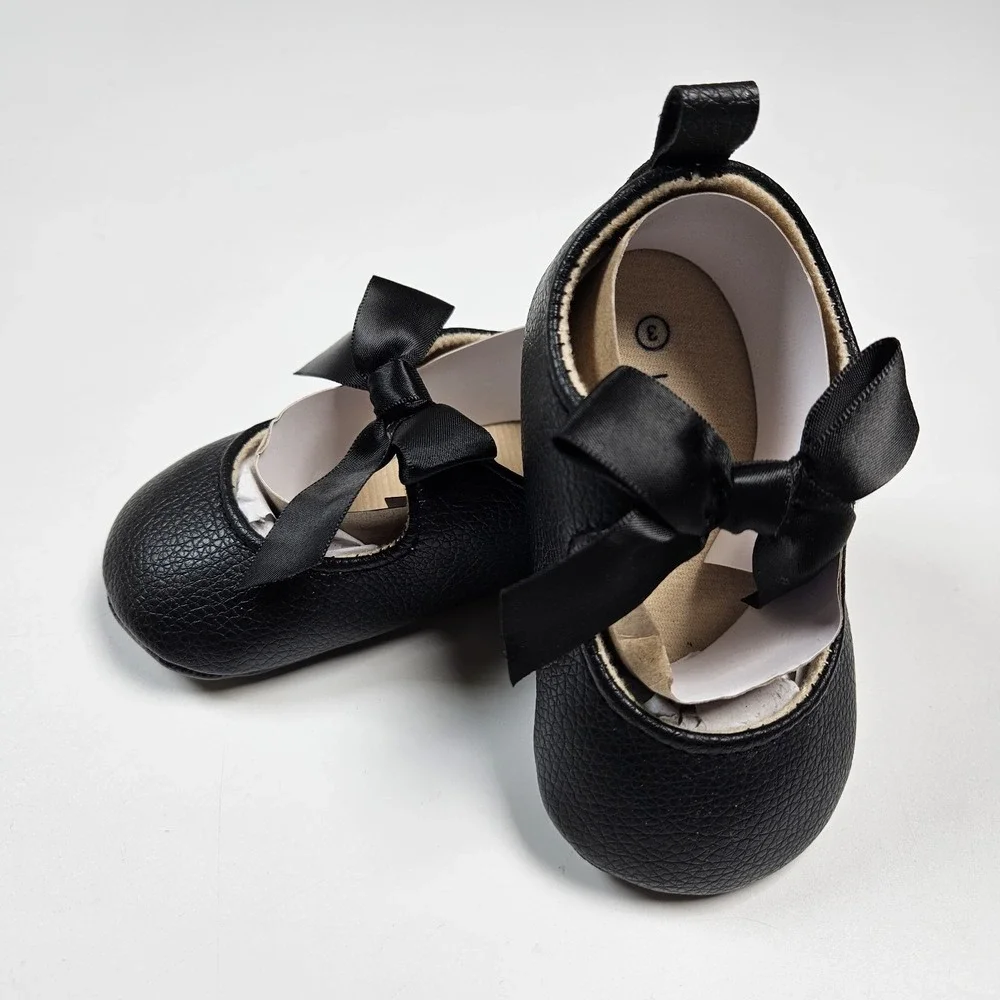 Lucky Brand Mary Jane Flats Girls‎ 3 Black Bow Satin Ribbon Crib Shoes 6-9m NEW